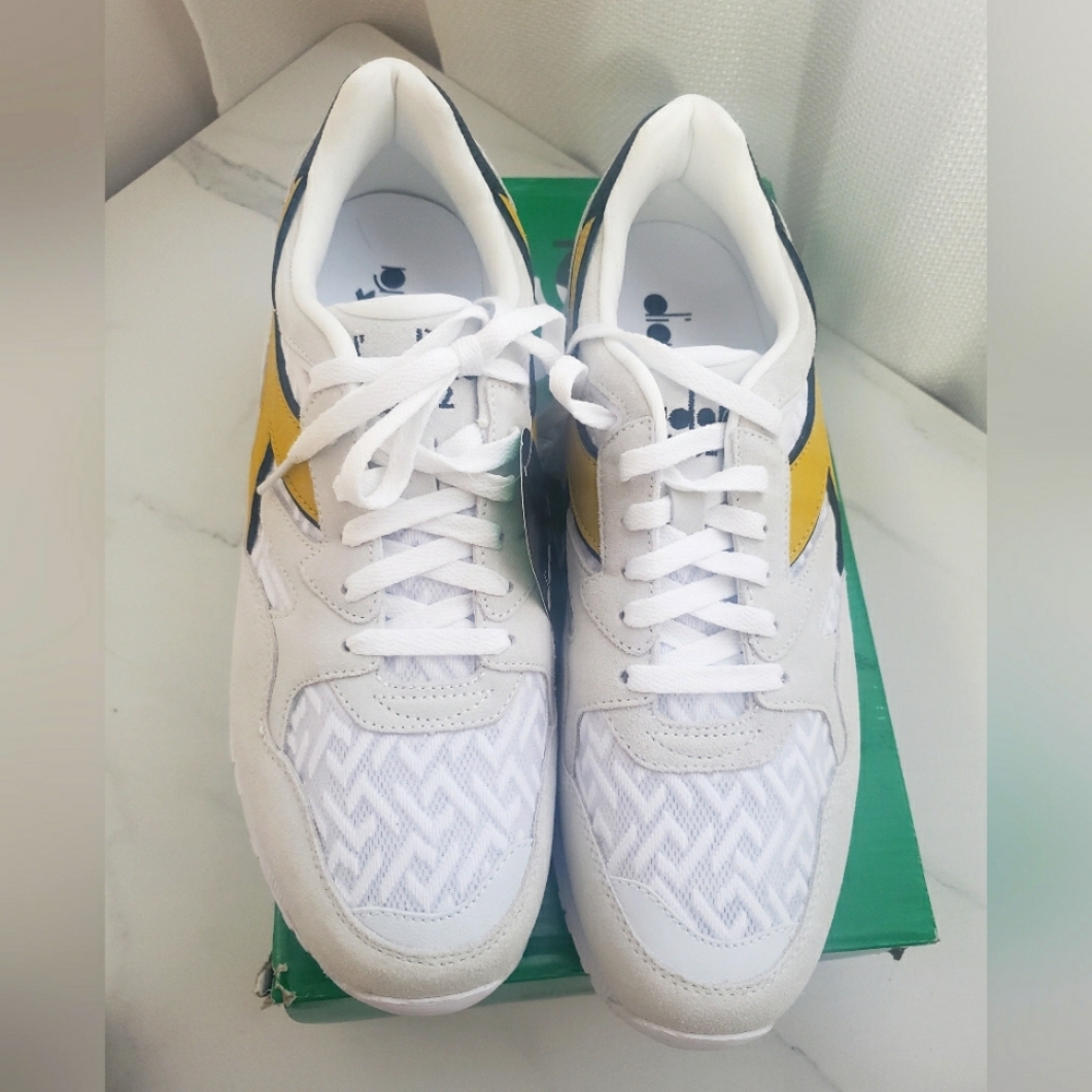 Diadora Men's Lux White/Rich Gold Suede Lace Up Sneakers~ Size 12